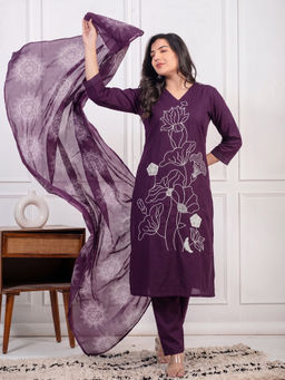 Dayaachi - Women Purple Kurta & Pant With Digital Printed Dupatta