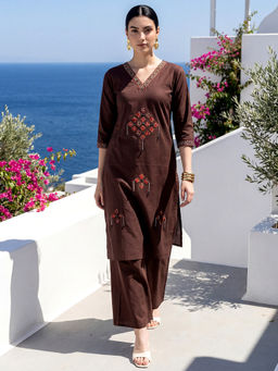 BERRYLICIOUS - Women Brown Cotton Applique And Mirror Embroidered Co-Ord Set