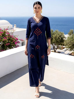 BERRYLICIOUS - Women Navy Blue Cotton Applique And Mirror Embroidered Co-Ord Set