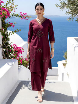BERRYLICIOUS - Women Wine Cotton Applique & Mirror Embroidered Co-Ord Set
