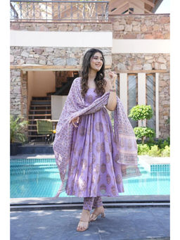 MANOJAVA - Women Purple Printed Anarkali Kurta With Trouser And Dupatta