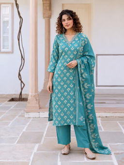 Autumnlane - Blue Myra Cadet Printed Work Kurta With Pant & Dupatta