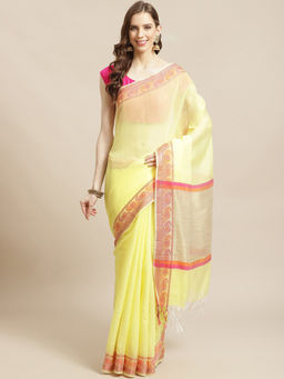 Indethnic - Banarasi Yellow Solid Daily Wear Saree With Unstitched Blouse