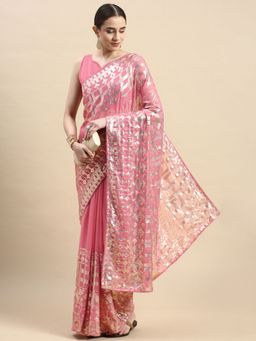 VAIRAGEE - Pink Sequence Embroidery Soft Georgette Saree with Unstitched Blouse