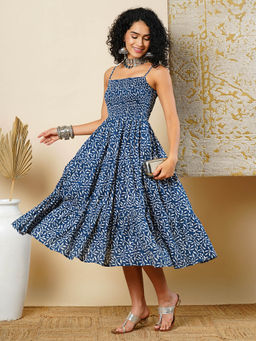 Globus - Women Indigo Ethnic Motifs Adjustable Strappy Shoulder Tiered Fit & Flare Fusion Midi Dress