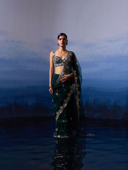ANGAD SINGH - Green Net Saree with Stitched Blouse and Petticoat