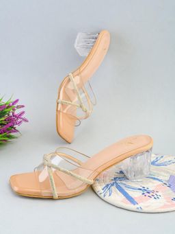 XE Looks - Transparent Straps Rhinestone Embellished Upper Glossy Block Heel Sandal