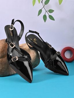 XE Looks - Glossy Patent-Finish Multi Buckle Strap Slingback Pointed Toe Pumps