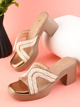 XE Looks - Embellished Criss-Cross Beaded Design Slip-On Block Heel Sandal