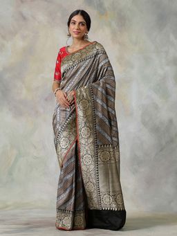 WeaverStory - Handloom Black Banarasi Tanachi Saree With Unstitched Blouse