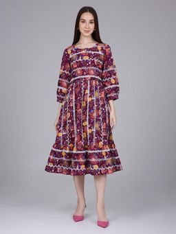 Saffron Threads - Wine Floral Print Cotton Embroidered Dress