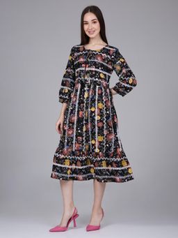 Saffron Threads - Black Floral Print Cotton Embroidered Dress
