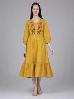 Saffron Threads - Mustard Cotton Tiered Midi Dress