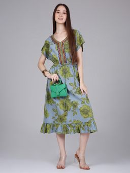 Saffron Threads - Blue Floral Print Kaftan Dress With Waist-Tie Up And Neck Embroidery
