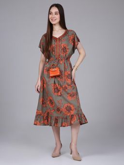 Saffron Threads - Olive Floral Print Kaftan Dress With Waist-Tie Up And Neck Embroidery