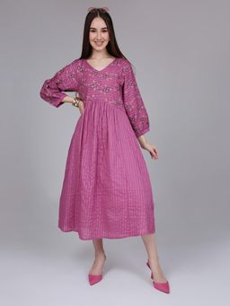 Saffron Threads - Pink Cotton Boho Dress With Floral Embroidery