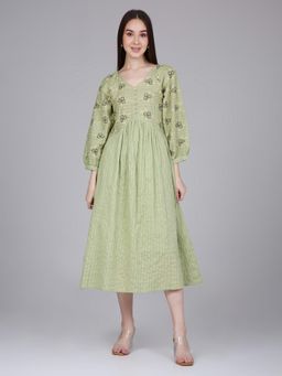 Saffron Threads - Green Cotton Boho Dress With Floral Embroidery