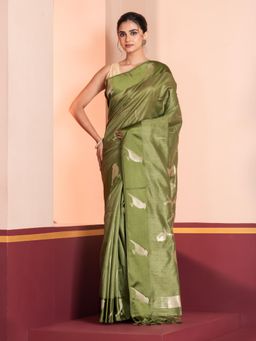 KAVVYA - Women Green Silk Handloom Saree with Unstitched Blouse