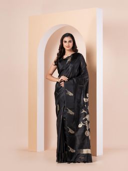 KAVVYA - Women Black Silk Handloom Saree with Unstitched Blouse