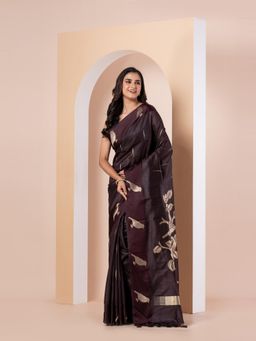 KAVVYA - Women Brown Silk Handloom Saree with Unstitched Blouse