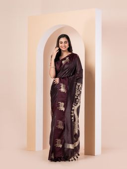 KAVVYA - Women Brown Silk Handloom Saree with Unstitched Blouse