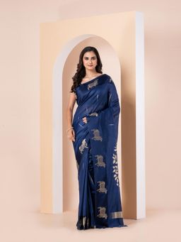 KAVVYA - Women Blue Silk Handloom Saree with Unstitched Blouse