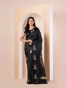 KAVVYA - Women Black Silk Handloom Saree with Unstitched Blouse