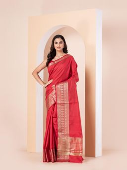 KAVVYA - Women Red Silk Handloom Saree with Unstitched Blouse