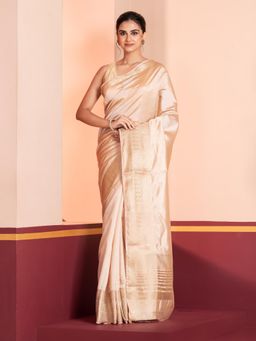 KAVVYA - Women Cream Silk Handloom Saree with Unstitched Blouse
