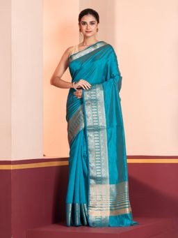 KAVVYA - Women Teal Silk Handloom Saree with Unstitched Blouse