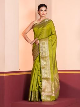 KAVVYA - Women Green Silk Handloom Saree with Unstitched Blouse