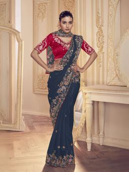 Odette - Women Navy Blue Satin Embroidered Elegant Saree with Unstitched Blouse