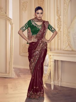 Odette - Women Maroon Satin Embroidered Elegant Saree with Unstitched Blouse