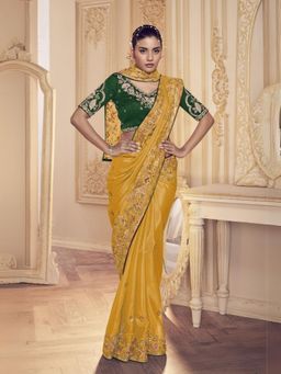 Odette - Women Yellow Satin Embroidered Elegant Saree with Unstitched Blouse