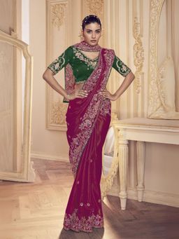 Odette - Women Pink Satin Embroidered Elegant Saree with Unstitched Blouse