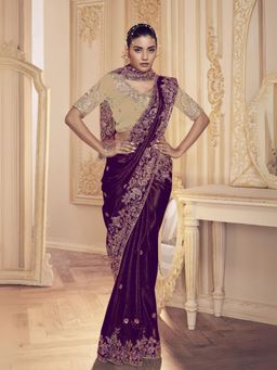Odette - Women Purple Satin Embroidered Elegant Saree with Unstitched Blouse