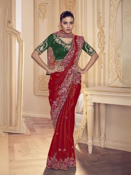 Odette - Women Red Satin Embroidered Elegant Saree with Unstitched Blouse