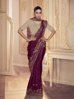 Odette - Women Dark Purple Satin Embroidered Elegant Saree with Unstitched Blouse