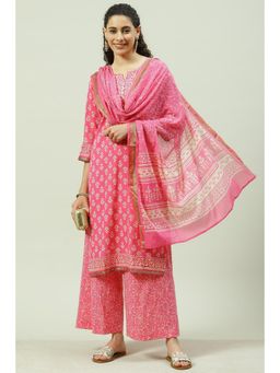 Biba - Pink Cotton Printed Unstitched Suit (Set of 3)