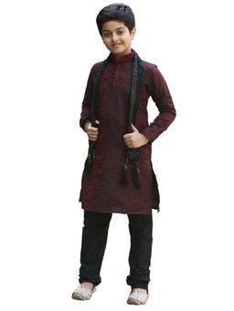 Manyavar - Boys Maroon Silk Party Wear Kurta Churidar (Set of 2)