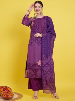 Vbuyz - Women Bandhani Print Straight Georgette Purple Kurta & Palazzo with Dupatta (Set of 3)