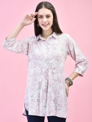 Women Liva Rayon Pink Floral Print Short Kurti main image 0