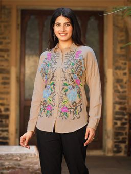 Juniper - Beige Rayon Flex Embellished Women's Shirt