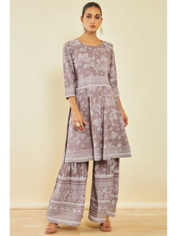 Soch - Earth Rayon Sharara Suit with Floral Print and Gota Patti (Set of 2)