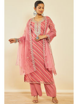 Soch - Pink Organza Unstitched Dress Material with Printed Stripes and Embroidered Designs (Set of 3)