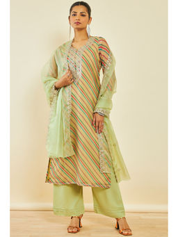 Soch - Light Green Organza Unstitched Dress Material with Printed Stripes and Embroidery (Set of 3)