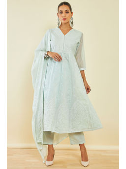 Soch - Powder Blue Chanderi Anarkali Suit with Embroidery and Embellishments (Set of 3)