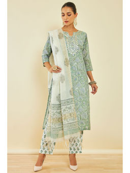 Soch - Sap Green Chanderi Suit with Floral Print and Gota Patti (Set of 3)