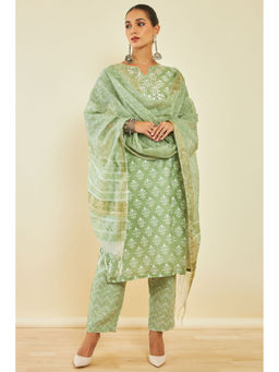 Soch - Sap Green Chanderi Suit with Printed Designs and Gota Patti (Set of 3)