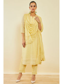 Soch - Light Yellow Georgette Suit with Self Kurta with Pant and Dupatta (Set of 3)